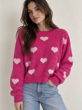 Altar'd State Hot Pink & White Heart Valentine Sweater Size Small